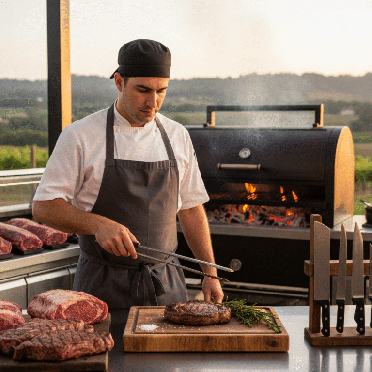 שף בשרים מקצועי של בשר בשר מגיש נתח אנטריקוט עסיסי על קרש חיתוך מעץ באירוע יוקרתי.