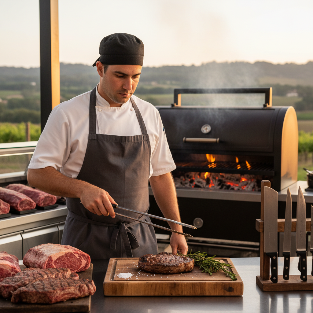 שף בשרים מקצועי של בשר בשר מגיש נתח אנטריקוט עסיסי על קרש חיתוך מעץ באירוע יוקרתי.