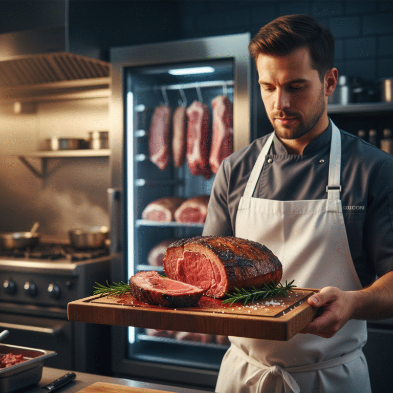 שף בשרים מקצועי מציג נתח בשר איכותי צלוי לשלמות על גריל, מדגים את יתרונות המומחיות הקולינרית.
