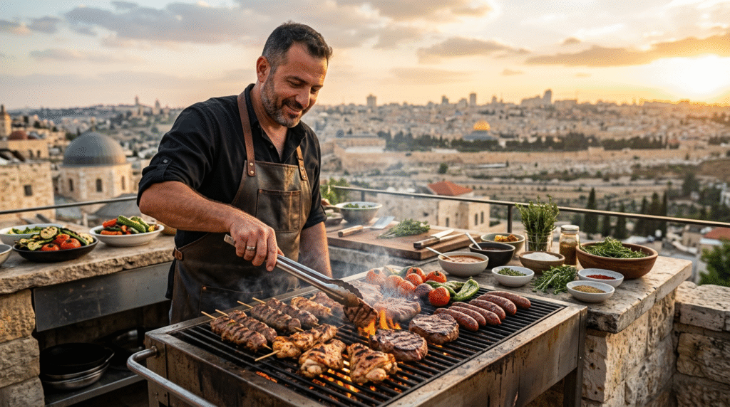 שף גריל בדרום מכין נתחי בשר איכותיים על גריל מקצועי באירוע בוטיק.