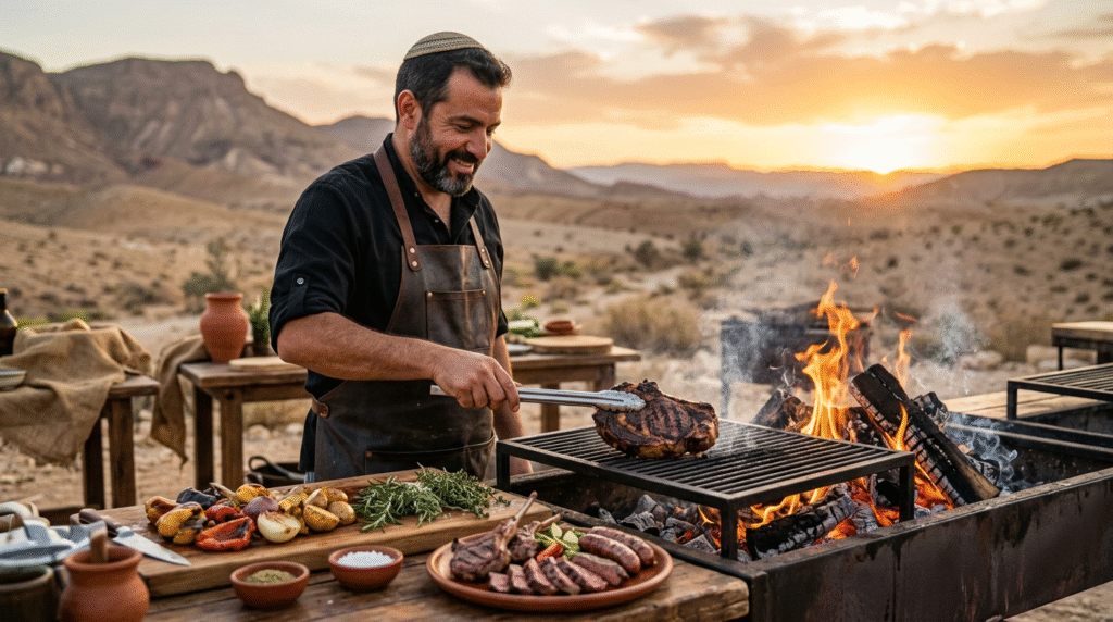 שף בשרים מקצועי צולה נתחי בשר איכותיים על גריל פחמים לאירוע בוטיק בדרום.