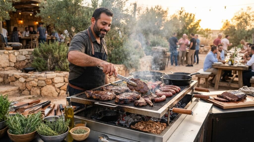 שף בשרים בדרום צולה נתחי פרימיום על גריל באירוע יוקרתי